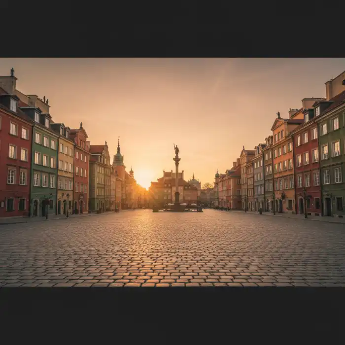 Altstadt Warschau: Sehenswürdigkeiten in der Altstadt und Marktplatz Widok na Rynek Starego Miasta w Warszawie, historyczna zabudowa Altstadt Warschau w promieniach zachodzącego słońca.