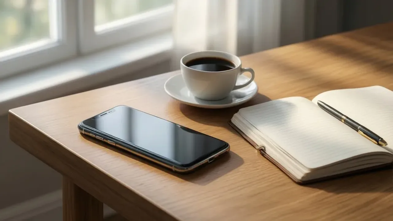 Co odpisać na co porabiasz? – Praktyczny przewodnik i gotowe przykłady Nowoczesny smartfon na biurku ilustrujący poradnik o tym, co odpisać na co porabiasz.