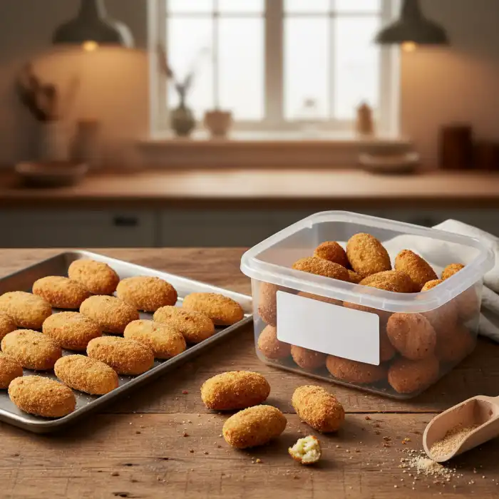 Czy można mrozić krokiety? Patent na szybki obiad krok po kroku Złociste domowe krokiety na desce kuchennej, przygotowane do mrożenia – sprawdź, czy można mrozić krokiety.
