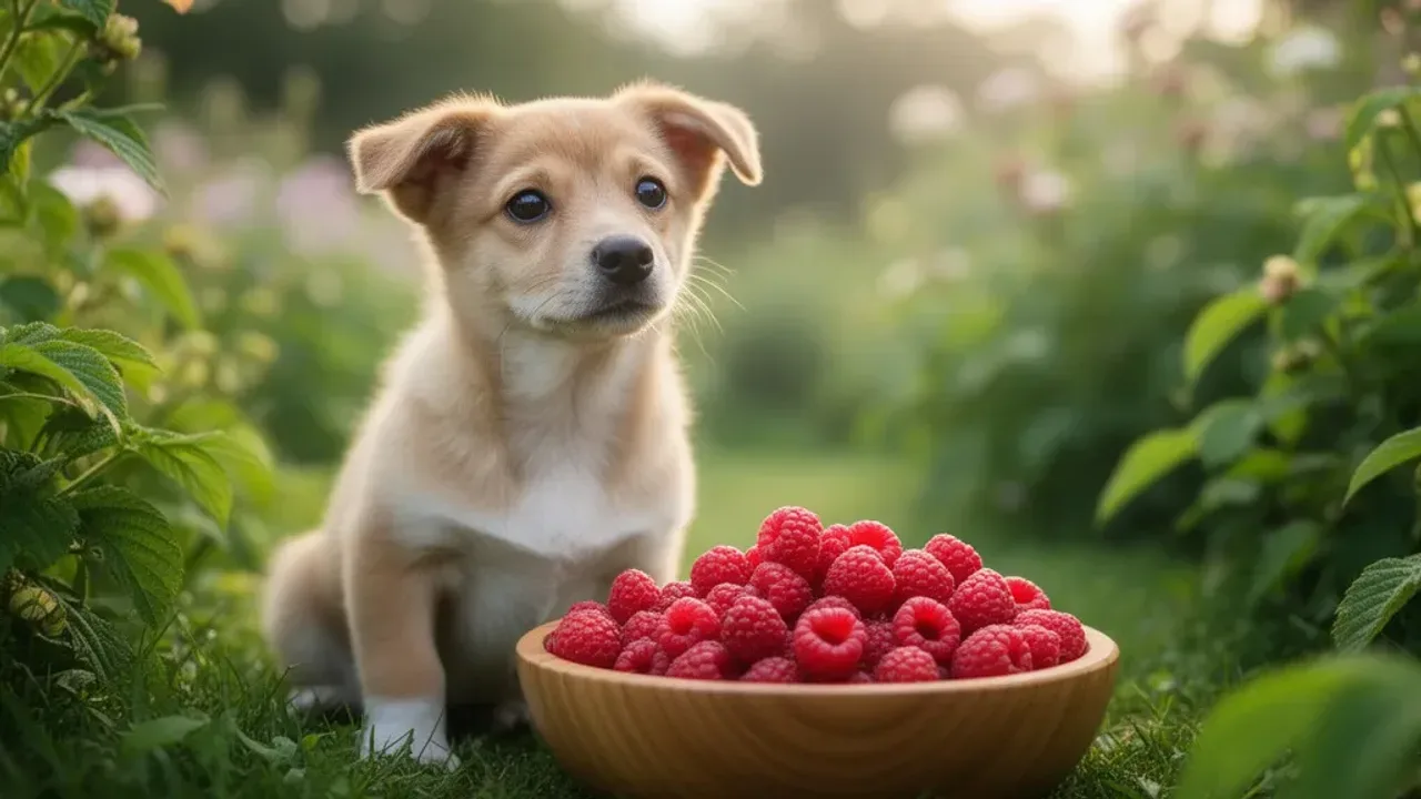 Czy pies może jeść maliny? Czy psy mogą jeść owoce bez obaw o ksylitol? Uśmiechnięty pies patrzący na miskę ze świeżymi owocami, ilustrujący artykuł o tym, czy pies może jeść maliny.