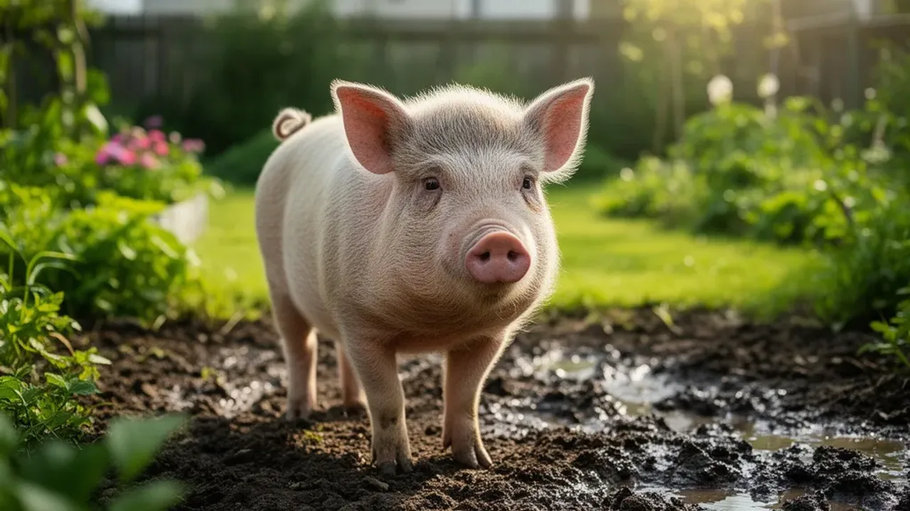 Dorosła świnka miniaturka: hodowla, mikroświnka i świnka wietnamska Dorosła świnka miniaturka spacerująca po zielonym ogrodzie.