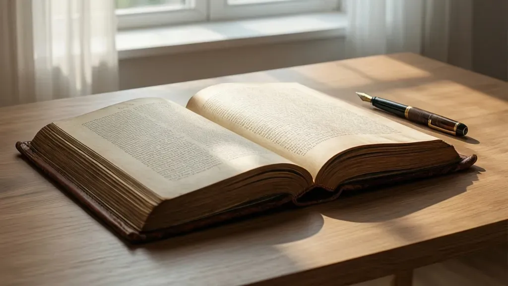Historii czy histori? Sprawdź, która forma jest poprawna gramatycznie Otwarta księga na drewnianym biurku ilustrująca dylemat: historii czy histori.