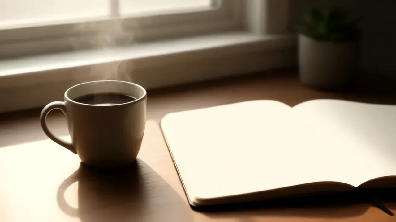 Mądre pozdrowienia na środę: inspirujące życzenia i powitania na dzień dobry Minimalistyczne zdjęcie z kawą i notatnikiem jako inspiracja na mądre pozdrowienia na środę.