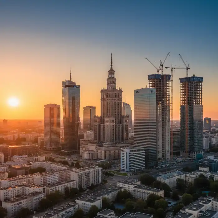 Nowe wieżowce w Warszawie 2026: drapacz chmur, który zmieni skyline miasta Nowoczesna panorama miasta prezentująca nowe wieżowce w Warszawie w trakcie intensywnej rozbudowy.