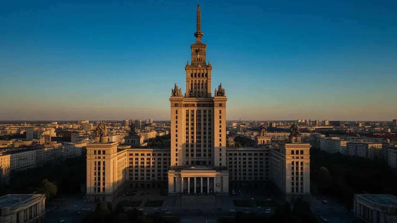 Pałac kultury i nauki w Warszawie: historia pałacu, taras 114 metrów Widok na majestatyczny pałac kultury w Warszawie o zachodzie słońca.