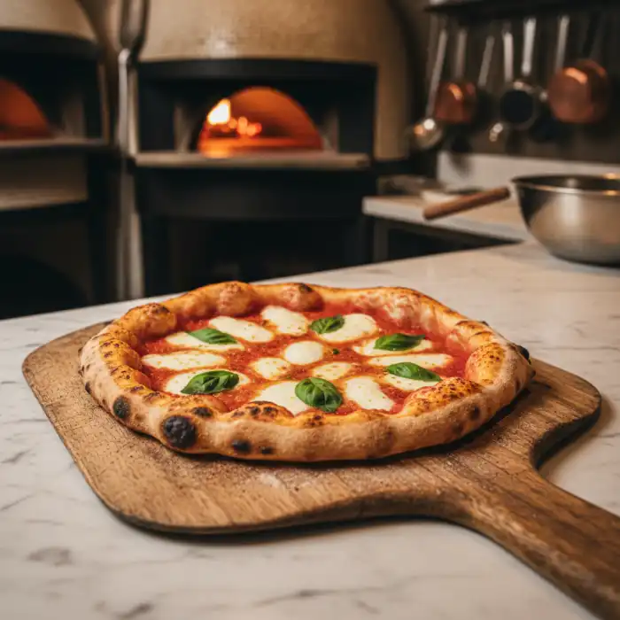 Pizzaiolo w Warsaw: jak wybrać najlepszy włoski restaurant na pizzę? Świeżo upieczona pizza neapolitańska przygotowana przez profesjonalnego pizzaiolo w tradycyjnym piecu opalanym drewnem.