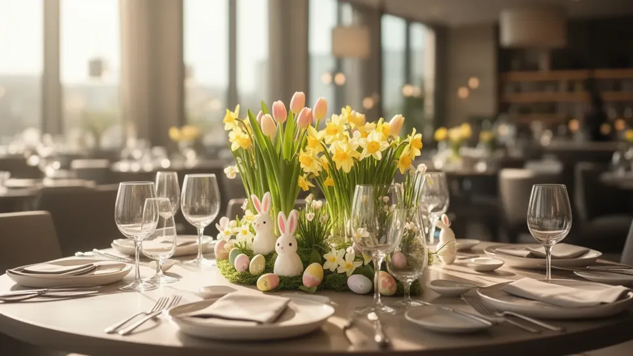 Restauracje otwarte w wielkanoc: gdzie zjeść w święta 2025 w Twoim mieście? Eleganckie wnętrze restauracji przygotowane na śniadanie wielkanocne, ilustrujące restauracje otwarte w wielkanoc.
