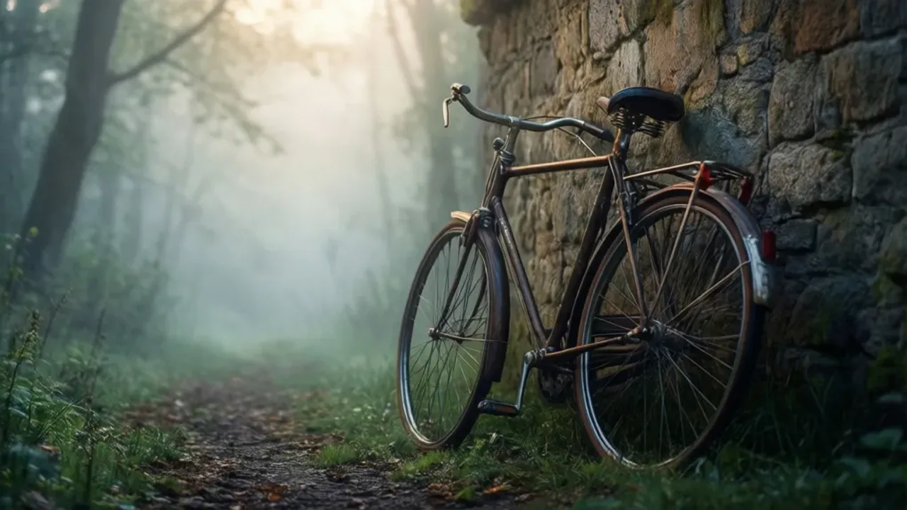 Sennik jazda na rowerze: interpretacja snów o rowerze i jazda rowerem Ilustracja symbolizująca sen o rowerze, sennik jazda na rowerze, przedstawiająca unoszący się w eterycznym krajobrazie rower jako znak życiowej równowagi.
