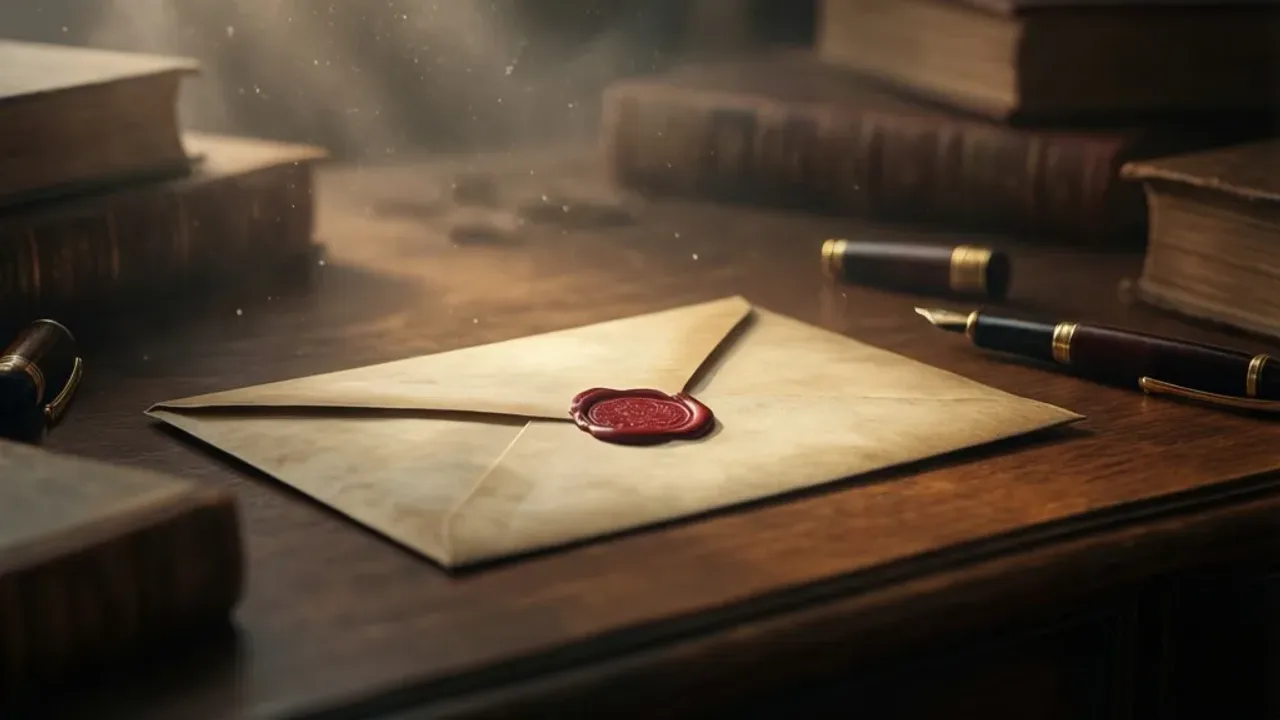Sennik list: interpretacja znaczenia snu o liście we śnie – co mówi sennik Stara koperta z listem na drewnianym biurku, ilustracja nawiązująca do hasła sennik list.