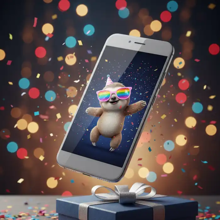 Śmieszne gify urodzinowe dla mężczyzn: inspiracja i życzenia Smartfon wyświetlający śmieszne gify urodzinowe dla mężczyzn w otoczeniu prezentów i konfetti.