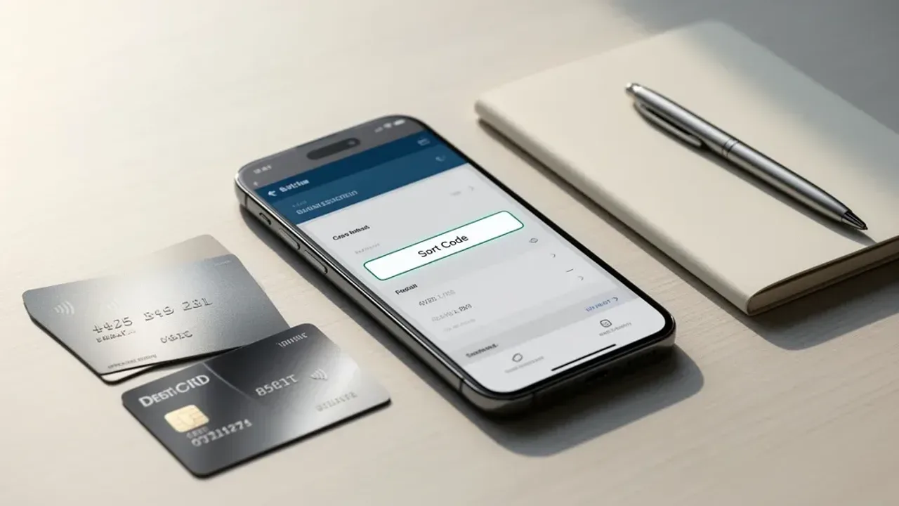 Sort code mBank — co to jest i jak poprawnie wykonać przelew? Smartfon z aplikacją bankową i kartą płatniczą na biurku, ilustrujący sort code co to oznacza w praktyce.