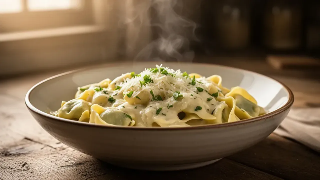 Sos do tortellini: szybki przepis na śmietanowy, szpinakowy i pomidorowy Aksamitne tortellini z wyśmienitym sosem do tortellini, szpinakiem i szynką na ceramicznym talerzu.