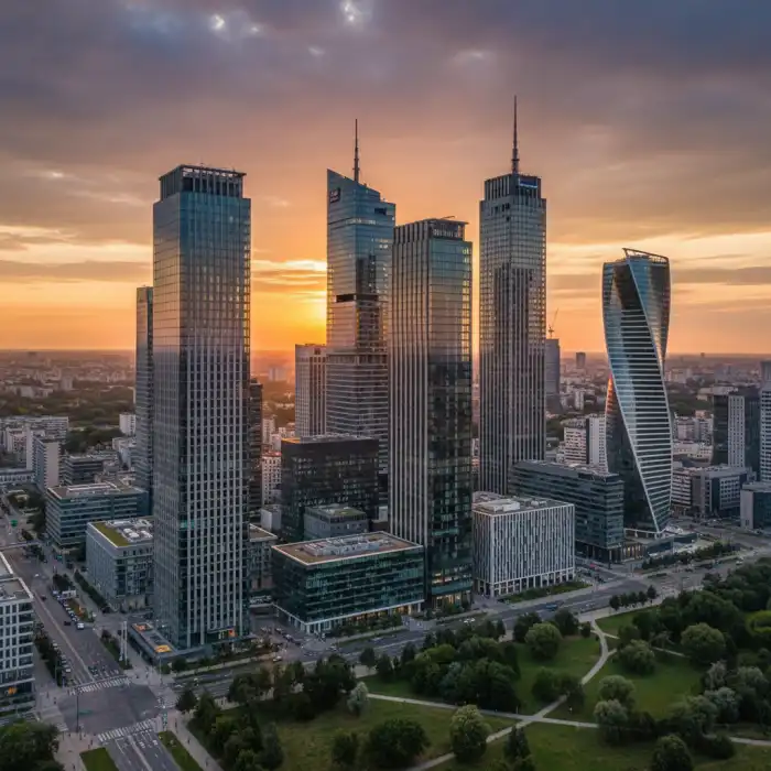 Warsaw Wola: przewodnik po tej dzielnicy, czyli biznesowe serce Warszawa Panorama nowoczesnych wieżowców w dzielnicy warsaw wola w Warszawie o zachodzie słońca.