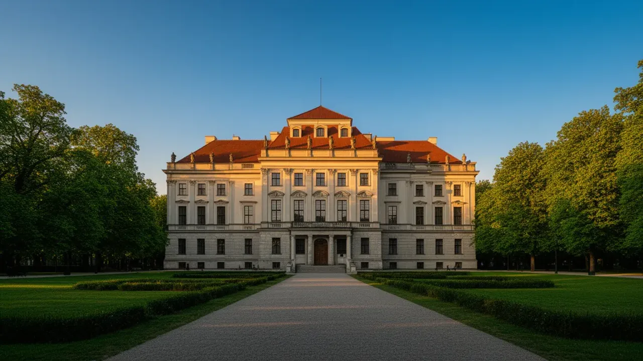 Zamek Ujazdowski: Warszawa, Jazdów i Centrum Sztuki Współczesnej w Warsaw Zamek ujazdowski w Warszawie otoczony parkiem w promieniach zachodzącego słońca.