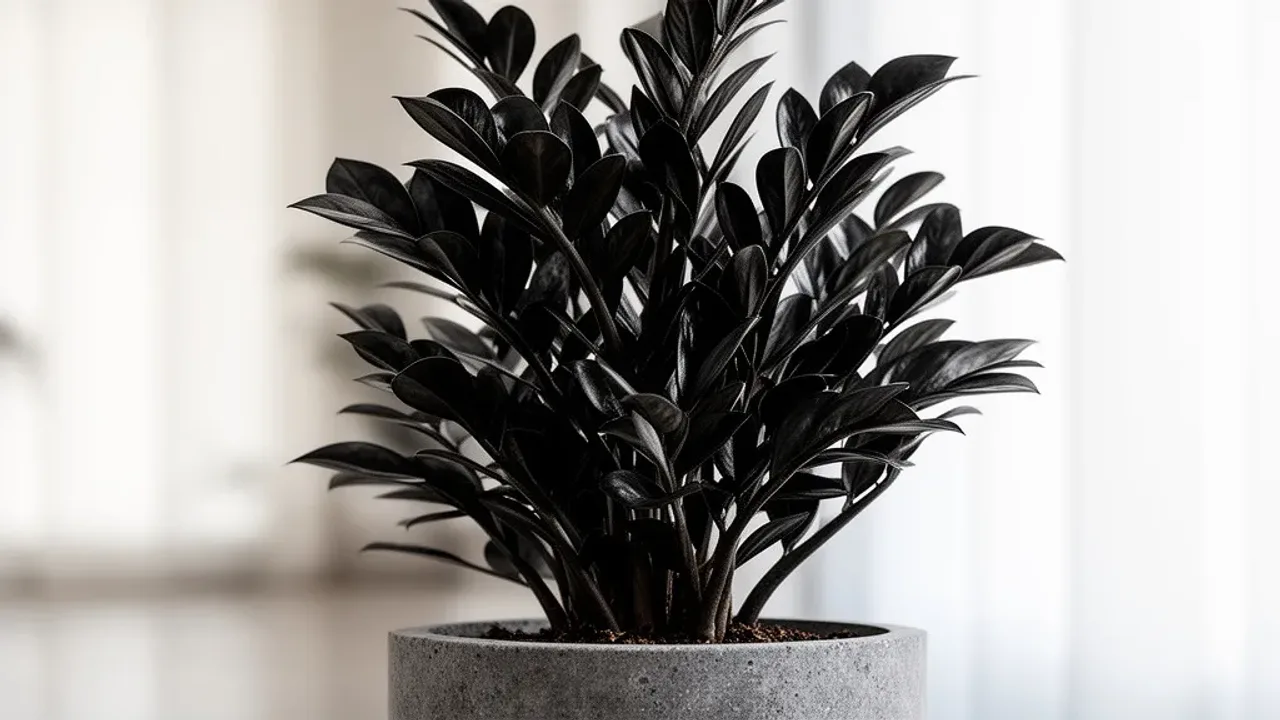 Zamiokulkas supernova: zamioculcas zamiifolia, zamioculcas supernova Roślina doniczkowa zamiokulkas supernova o ciemnych liściach w nowoczesnej donicy.