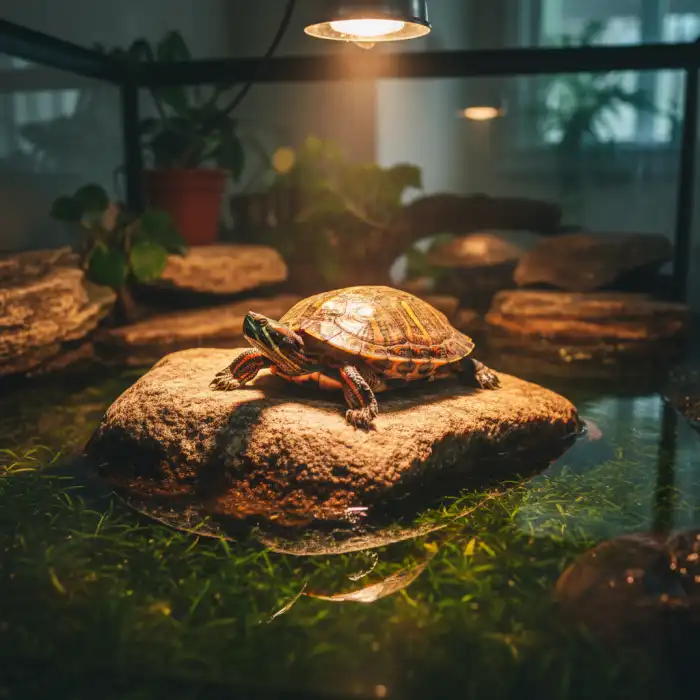 Żółw wodno lądowy gatunki: hodowla, terrarium i popularne gatunki żółwia Żółw wodno lądowy gatunki: żółw czerwonolicy wygrzewający się na wyspie w akwaterrarium.